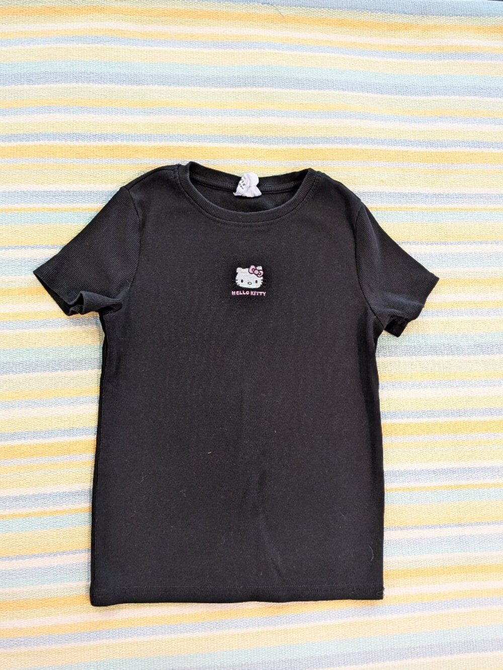 Hello Kitty Girls XL 14 Black Ribbed Baby Tee Embroidered Fitted Shirt